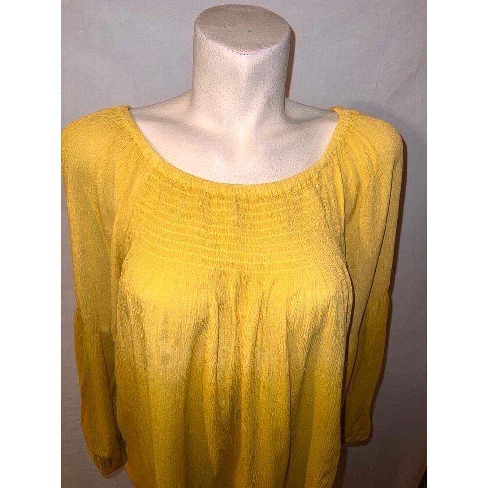 New Studio West Yellow Ombre Peasant Blouse Smocked Neck Balloon Sleeve Large L - Picture 2 of 9